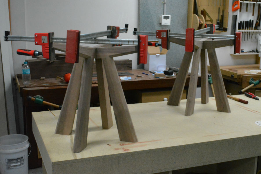 Gluing up some side tables. Custom made timber furniture and furniture making.