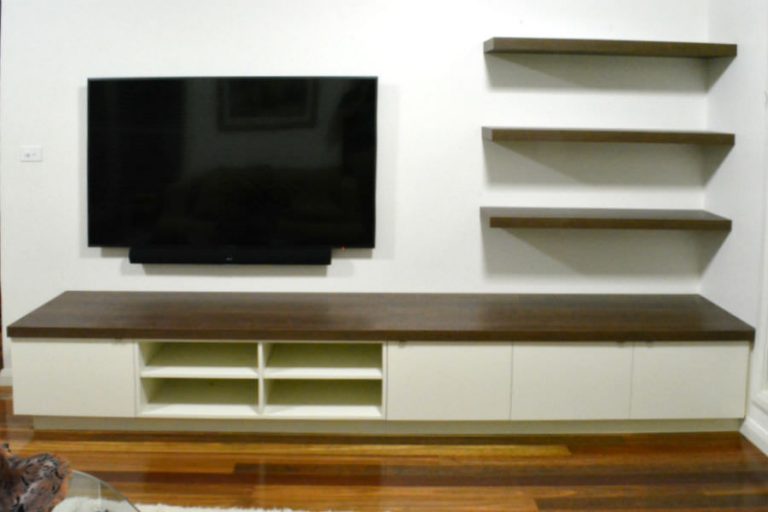 Custom made Av unit with timber top. Custom made joinery and cabinet making.