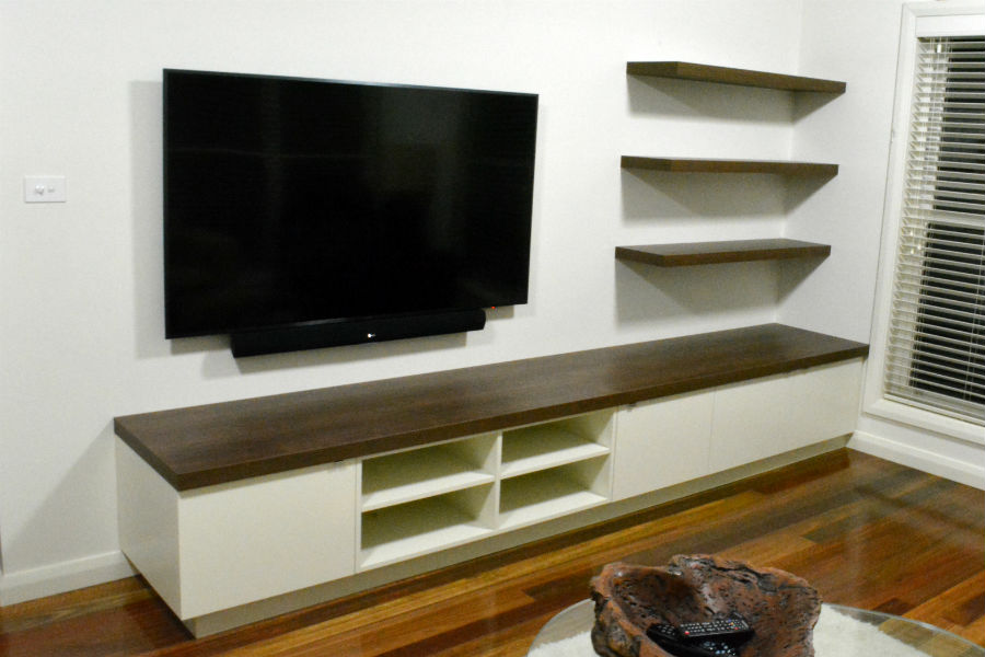 Custom made Av unit with timber top. Custom made joinery and cabinet making.