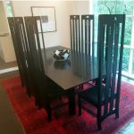 Macintosh dining set, made as a reproduction of the classic Charles Rennie Mackintosh design, stain black with Black Japan on Tassie Oak solid timber. Finished in clear vanish for a hard-wearing surface. Custom made timber furniture. Custom made table and chairs.