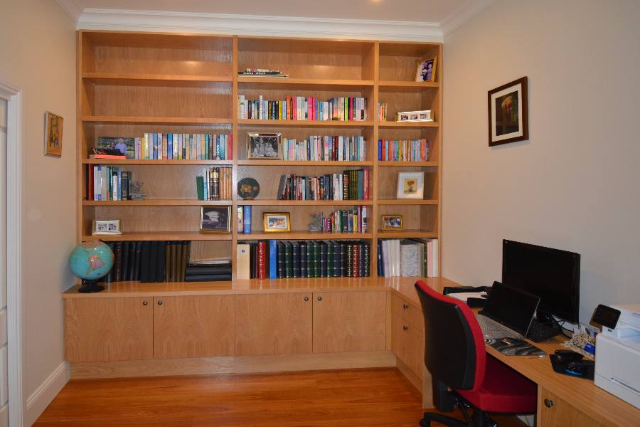 Just finished this custom-made home office for a customer in Annangrove. We have used solid timber front caps and lipping on the shelves with matched doors and cabinet backs.