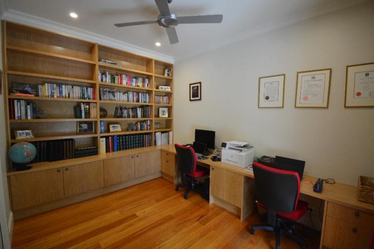 Just finished this custom-made home office for a customer in Annangrove. We have used solid timber front caps and lipping on the shelves with matched doors and cabinet backs.